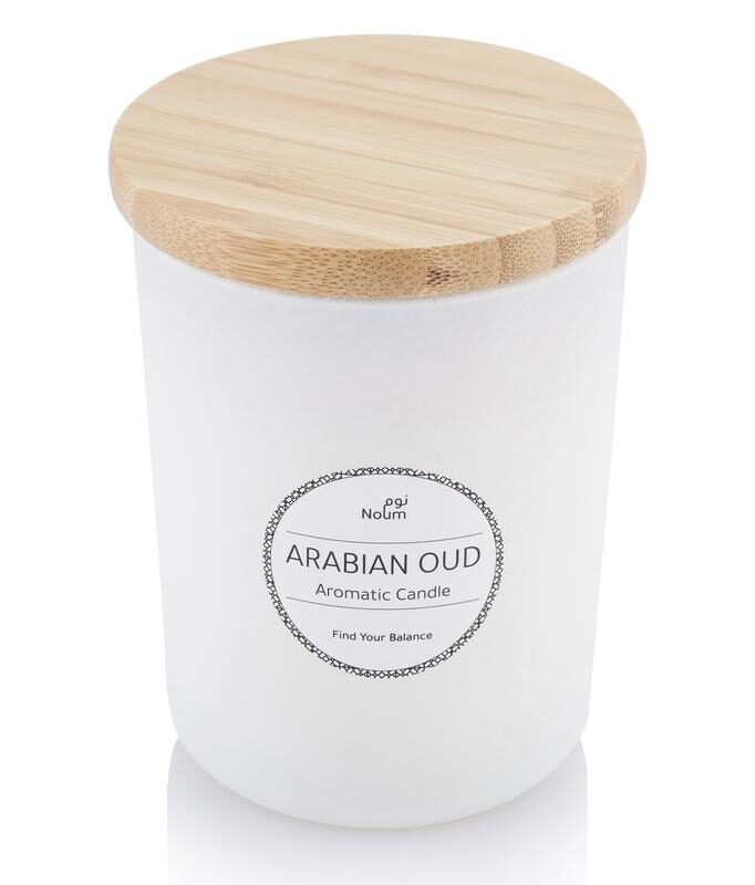 NOUM – Arabic Oudh Scented Glass Candle with Bamboo Lid – White