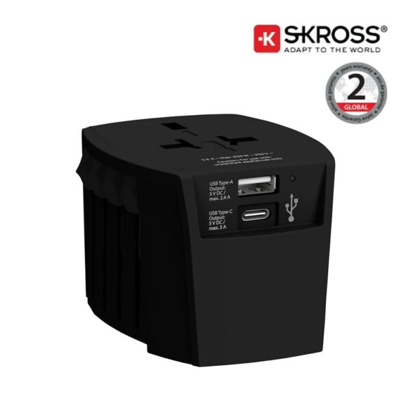 SKROSS World Travel Adapter MUV USB (AC) – USB & Type C ports – Black