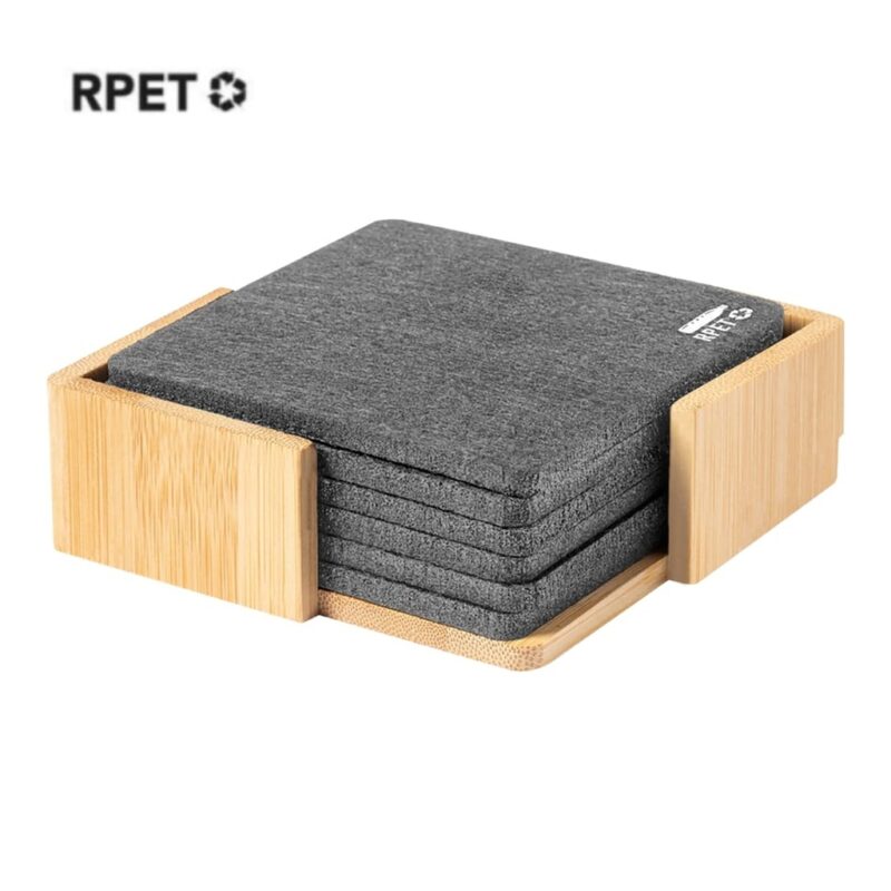 LAAX – eco-neutral RPET Set of 6 Felt Coasters with Bamboo Stand