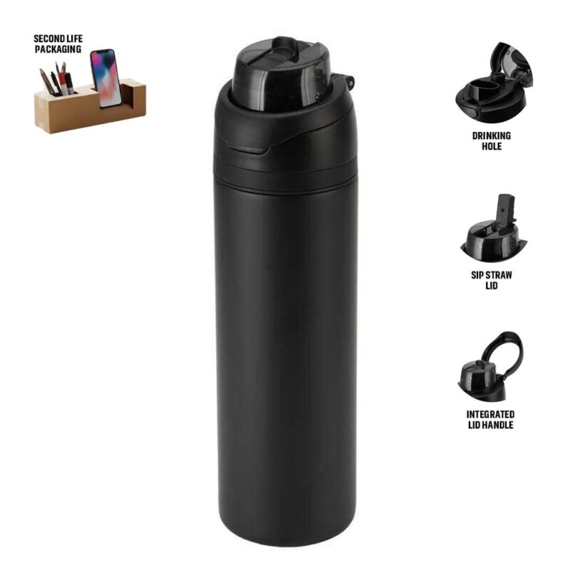 AERO SIP – Hans Larsen Recycled Stainless Steel Bottle with Dual Sip Lid – Black