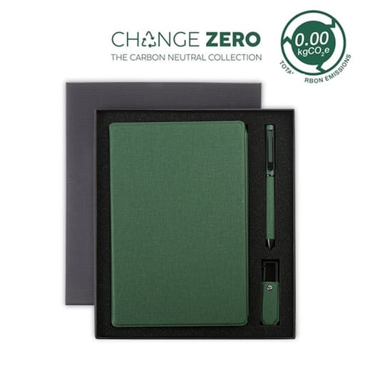 LENZEN – CHANGE ZERO Sustainable Gift Set with Refillable Notebook, Pen & USB Keychain – Green