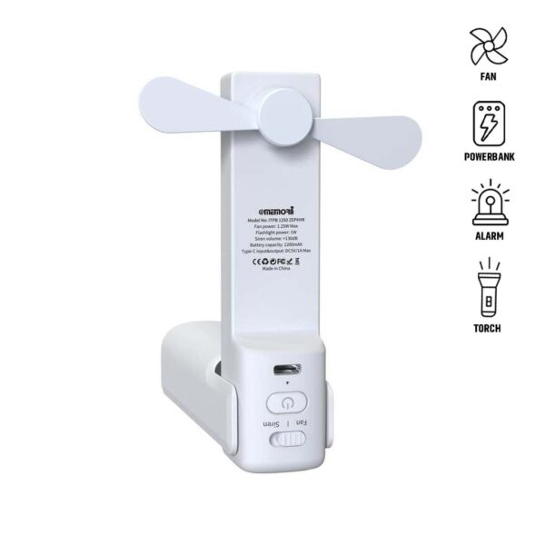 ZEPHYR – @memorii 4-in-1 Fan Powerbank, Safety Alarm & Torch – White