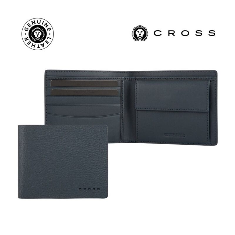 CROSS Saffiano Leather 4CC Bifold Wallet with Coin Pocket – Navy Blue