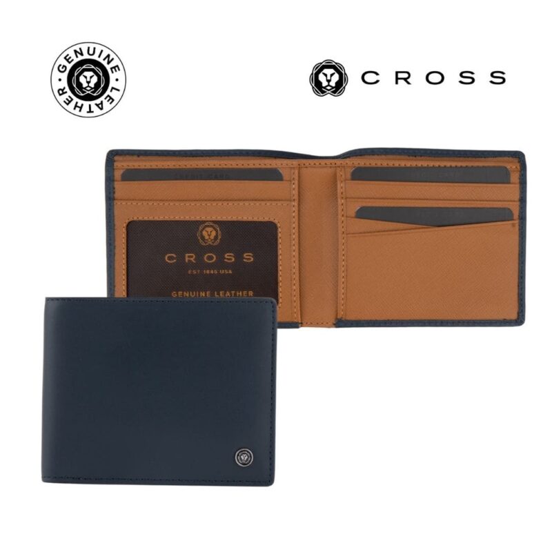 CROSS Soft Grain Leather Two-Tone 8CC Bifold Wallet – Blue/Mocha