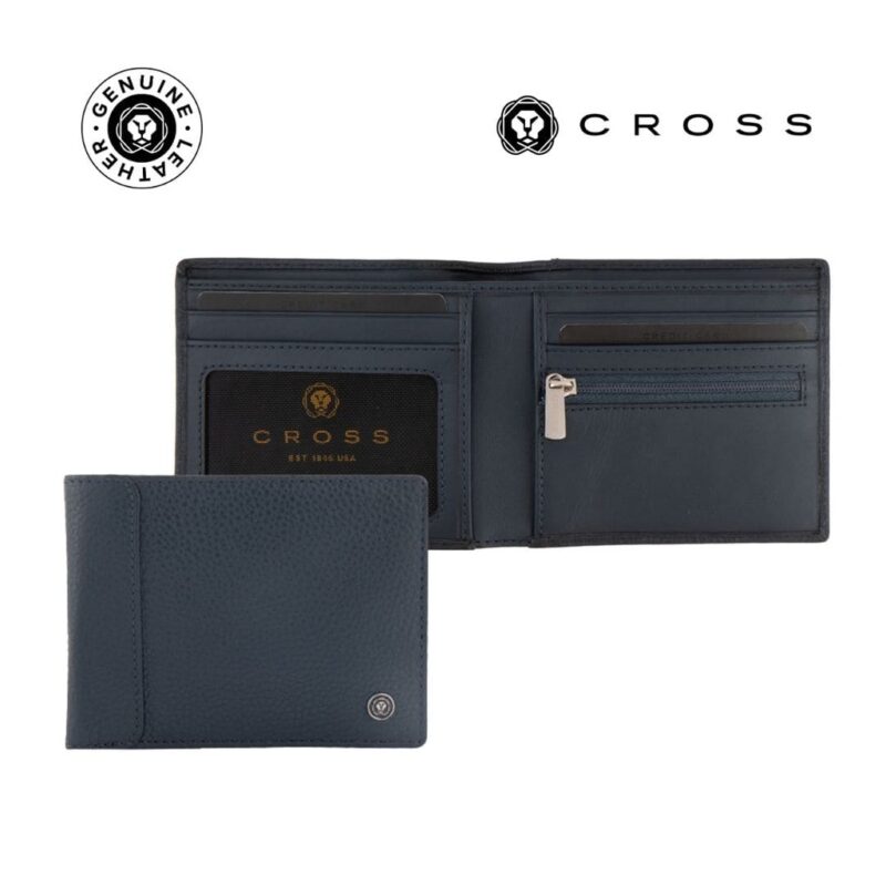 CROSS Pebble Leather 6CC Classic Fold Wallet with 6CC Cardholder – Navy Blue