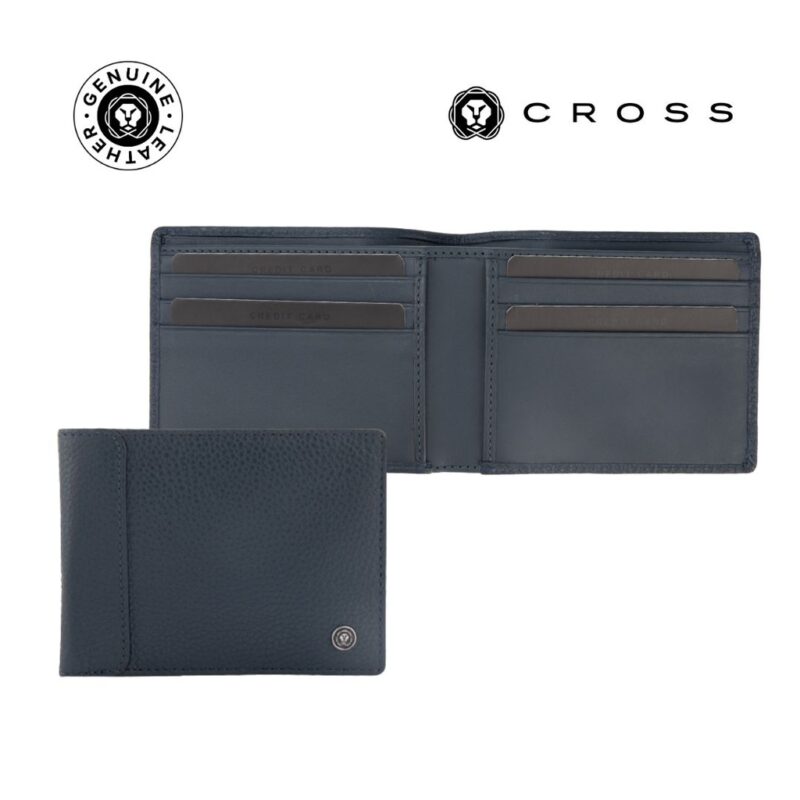 CROSS Pebble Leather 8CC Classic Fold Wallet – Navy Blue