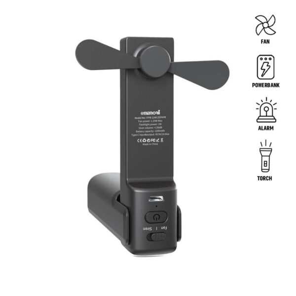 ZEPHYR – @memorii 4-in-1 Fan Powerbank, Safety Alarm & Torch – Black