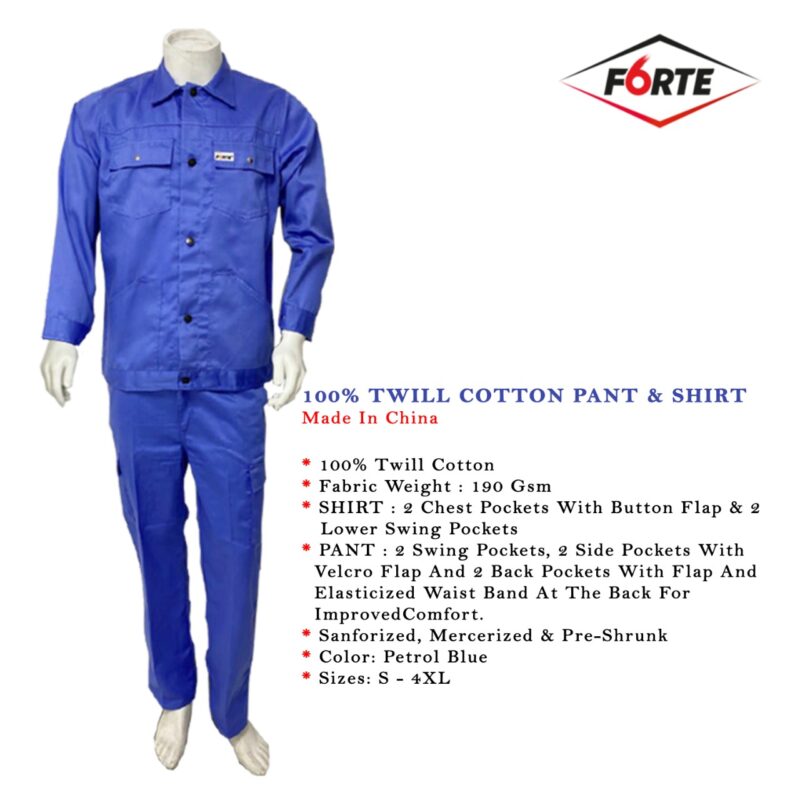 FORTE 100% TWILL COTTON PANT & SHIRT PETROL BLUE