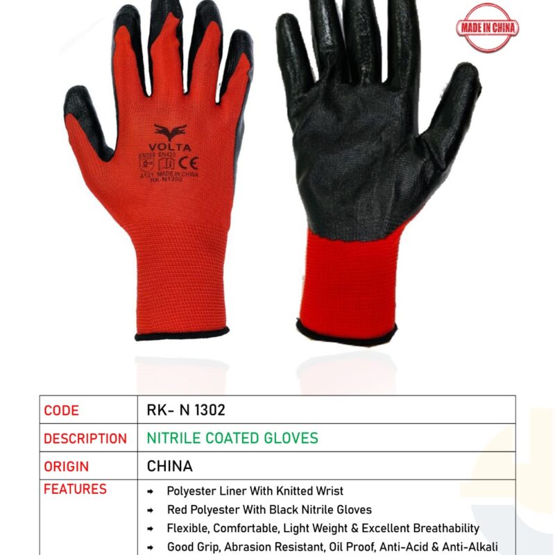 VOLTA NITRILE COATED GLOVES BLACK/RED RK-N 1302