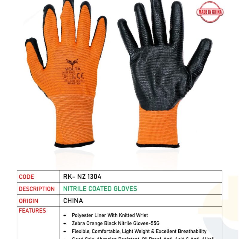 VOLTA NITRILE COATED GLOVES ORANGE/BLACK RK-N 1304