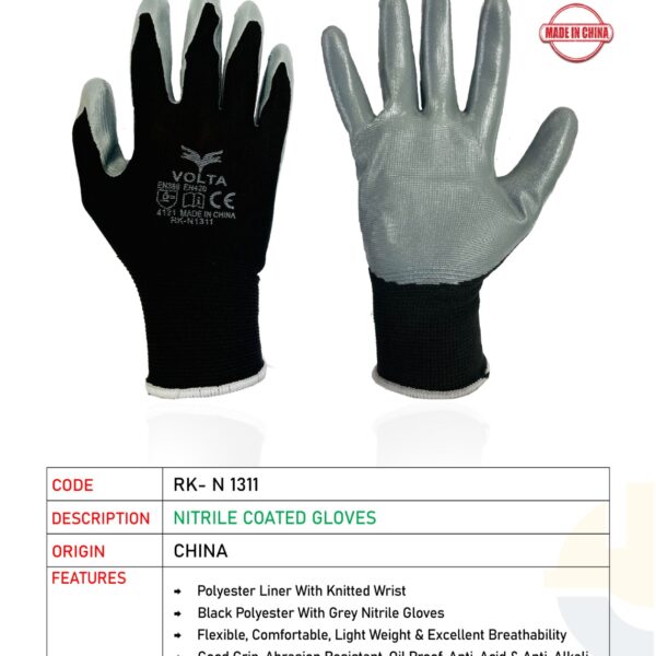 VOLTA NITRILE COATED GLOVES GRAY/BLACK RK-N 1311