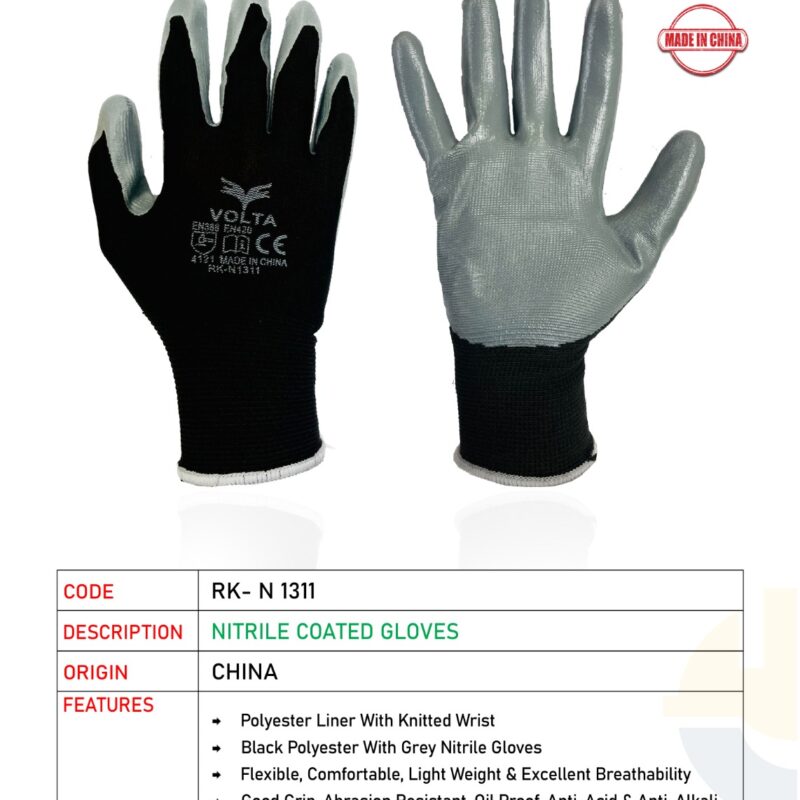 VOLTA NITRILE COATED GLOVES GRAY/BLACK RK-N 1311