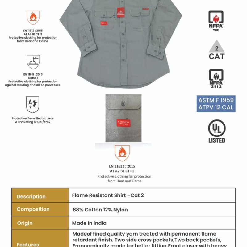 GARIOX FLAME RESISTANT SHIRT GRAY CAT 2 -12 CAL UL LISTED