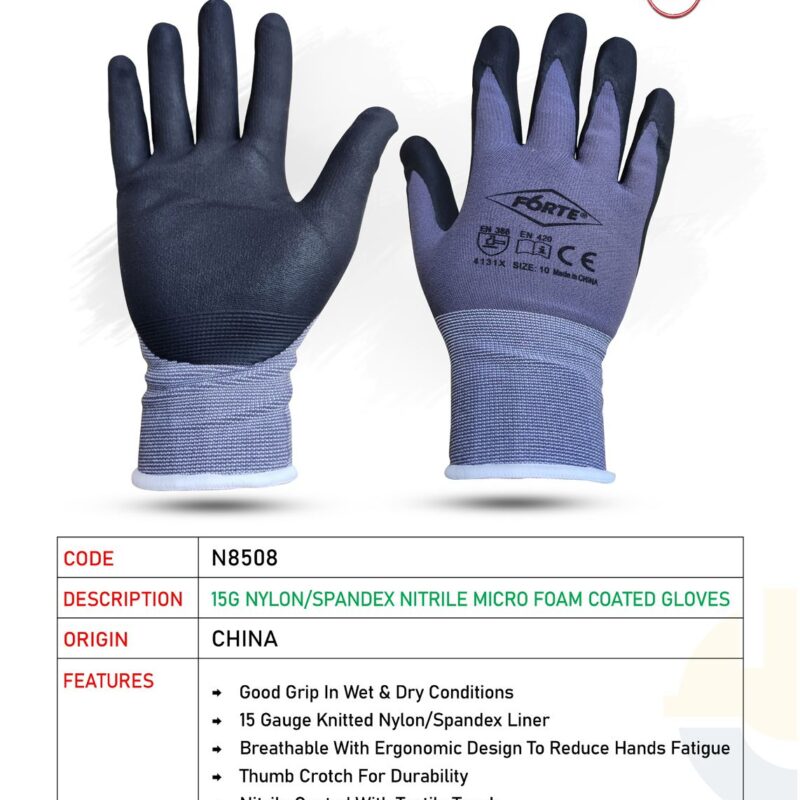 FORTE 15G NYLON-SPANDEX NITRILE MICRO FOAM COATED GLOVES- N 8508