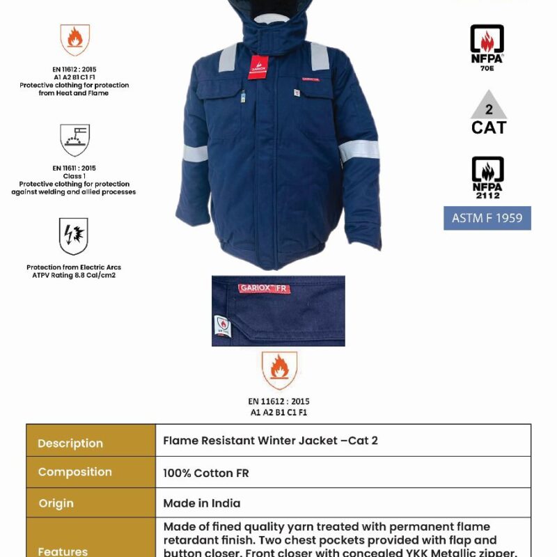 GARIOX FLAME RESISTANT WINTER JACKET NAVY BLUE CAT 2 -8 CAL