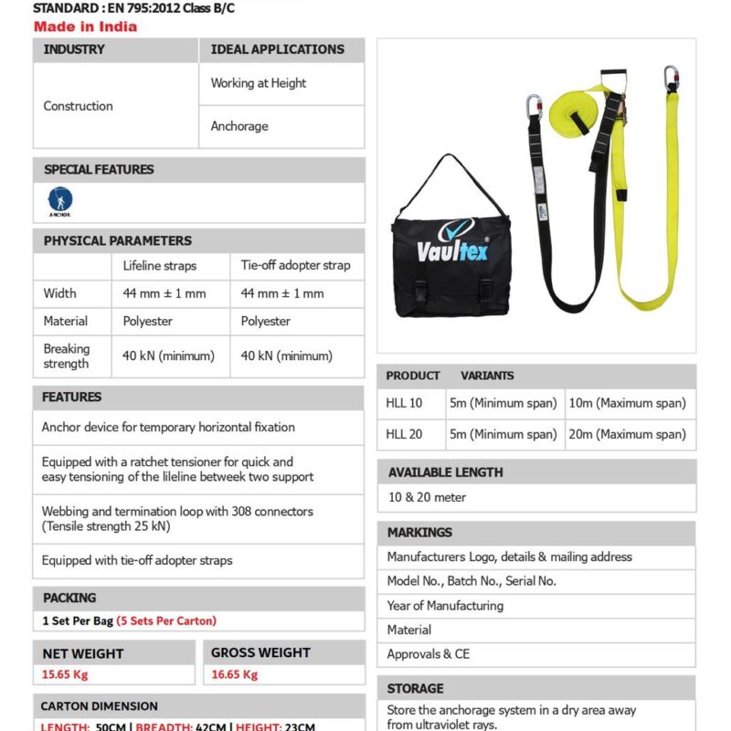 VAULTEX TEMPORARY HORIZONTAL ANCHORAGE & LIFELINE 10 MTR