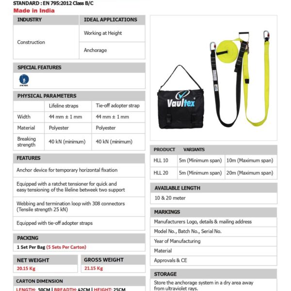 VAULTEX TEMPORARY HORIZONTAL ANCHORAGE & LIFELINE 20 MTR