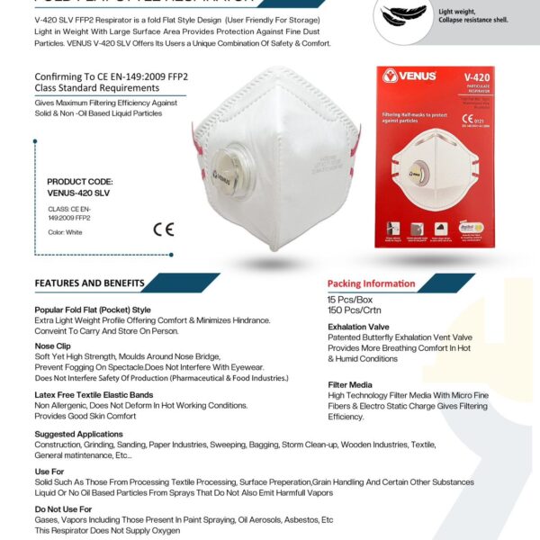 Venus V-420 SLV FFP2 Fold Flat Valved Respirator
