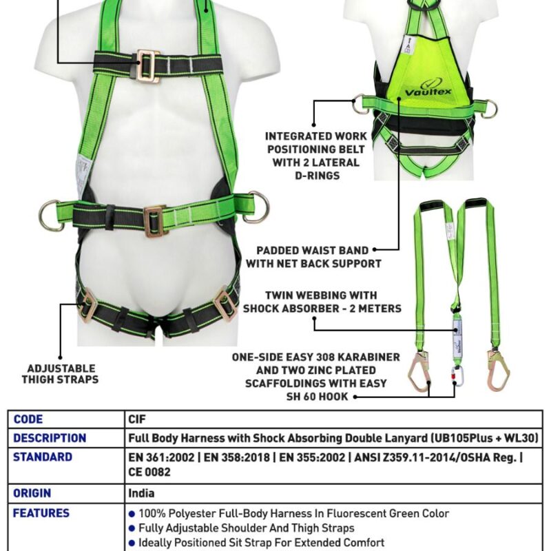 VAULTEX FULL BODY HARNESS WITH SHOCK ABSORBING DOUBLE LANYARD (UB 105PLUS + WL30) CIF