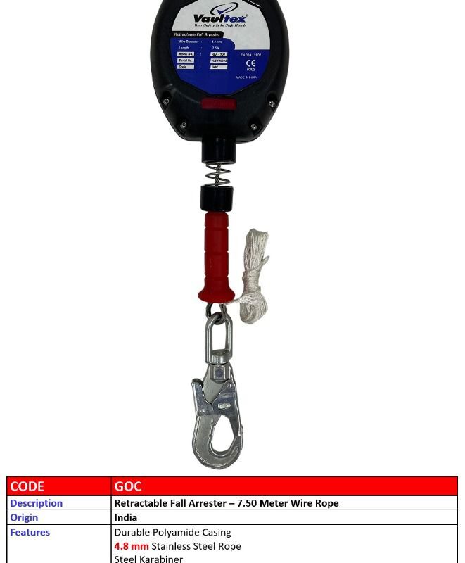RETRACTABLE FALL ARRESTER – 7.50 METER WIRE ROPE – GOC