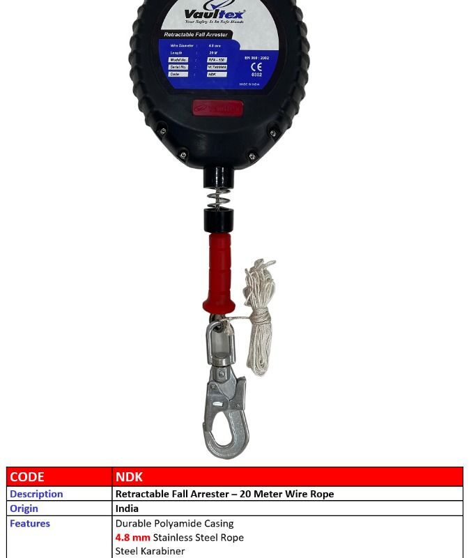 RETRACTABLE FALL ARRESTER – 20 METER WIRE ROPE – NDK