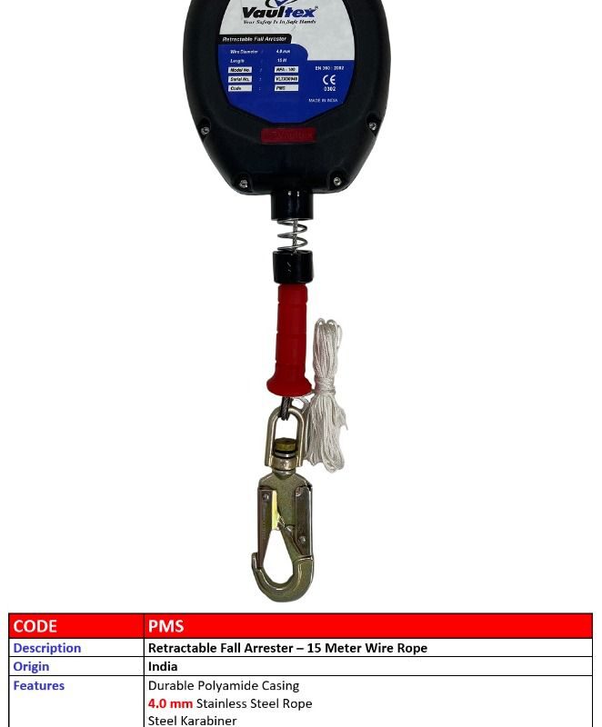 RETRACTABLE FALL ARRESTER – 15 METER WIRE ROPE – PMS