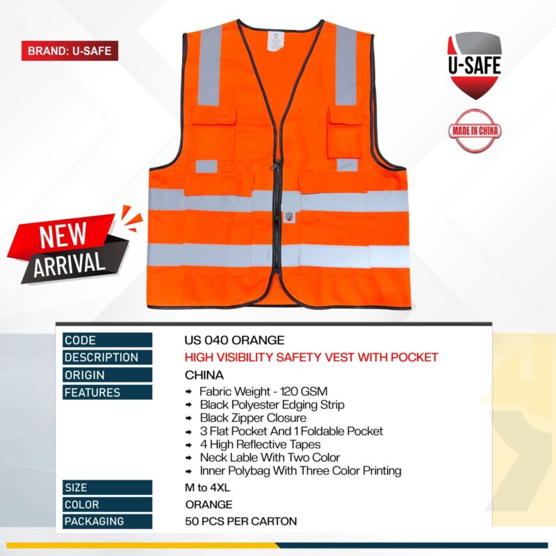 U-SAFE SAFETY VEST 4 POCKET ORANGE US 040