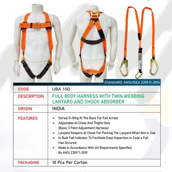 VAULTEX FULL BODY HARNESS WITH TWIN WEBBING LANYARD AND SHOCK ABSORBER – UBA 100